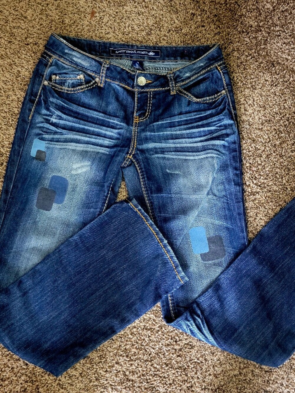 Almost Famous Premium Juniors Flare Denim Jeans Custom Patches Sz 9
